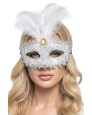 Maschera in plastica damascata argento con diadema e piume su cartoncino