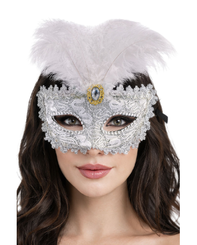 Masque en plastique damassé argenté avec diadème et plumes sur papier cartonné
