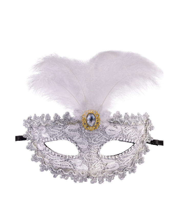 Masque en plastique damassé argenté avec diadème et plumes sur papier cartonné