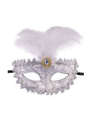 Maschera in plastica damascata argento con diadema e piume su cartoncino