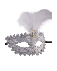Maschera in plastica damascata argento con diadema e piume su cartoncino
