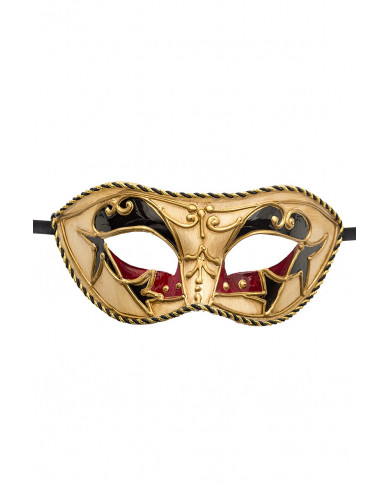 Chinless mask in plastic with embossed decorations, trimmings