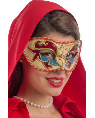 Chinless mask in plastic with embossed decorations, trimmings