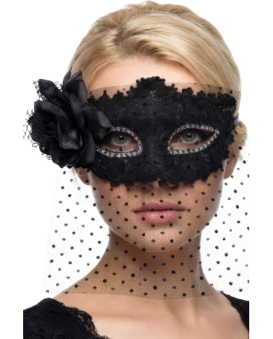Masque en tissu noir avec bauta et décorations sur papier cartonné