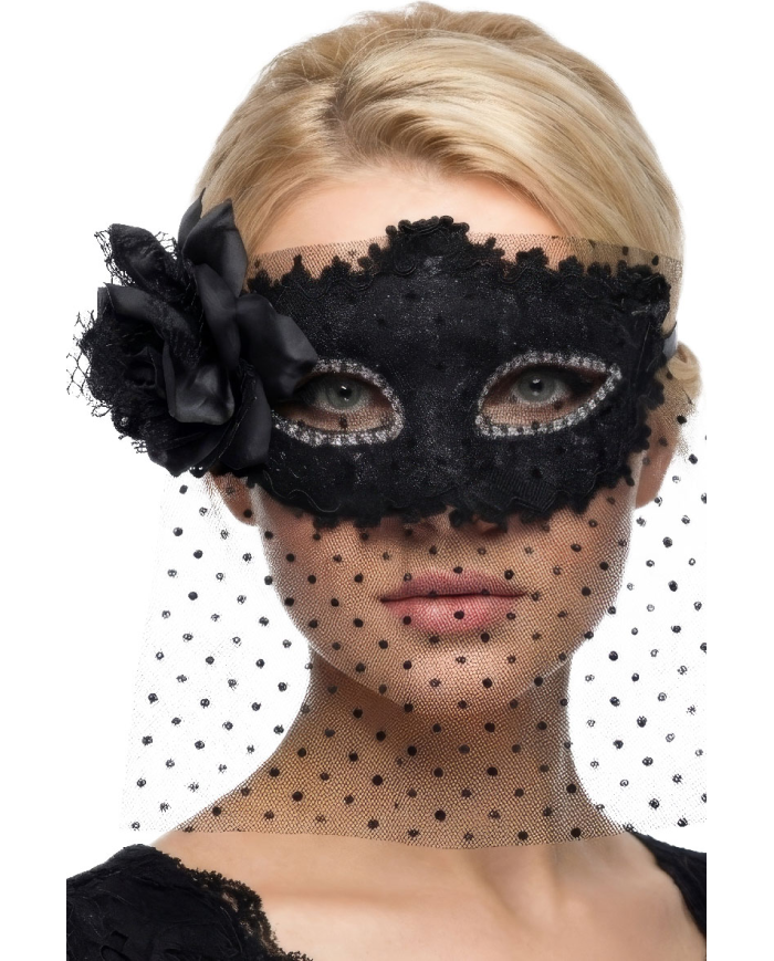 Black fabric mask with veil and decorations on card