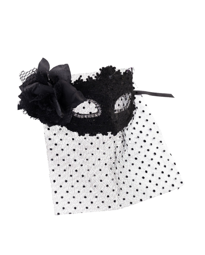 Black fabric mask with veil and decorations on card