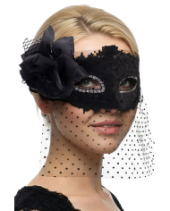 Maschera in tessuto nero con bautta e decorazioni su cartoncino