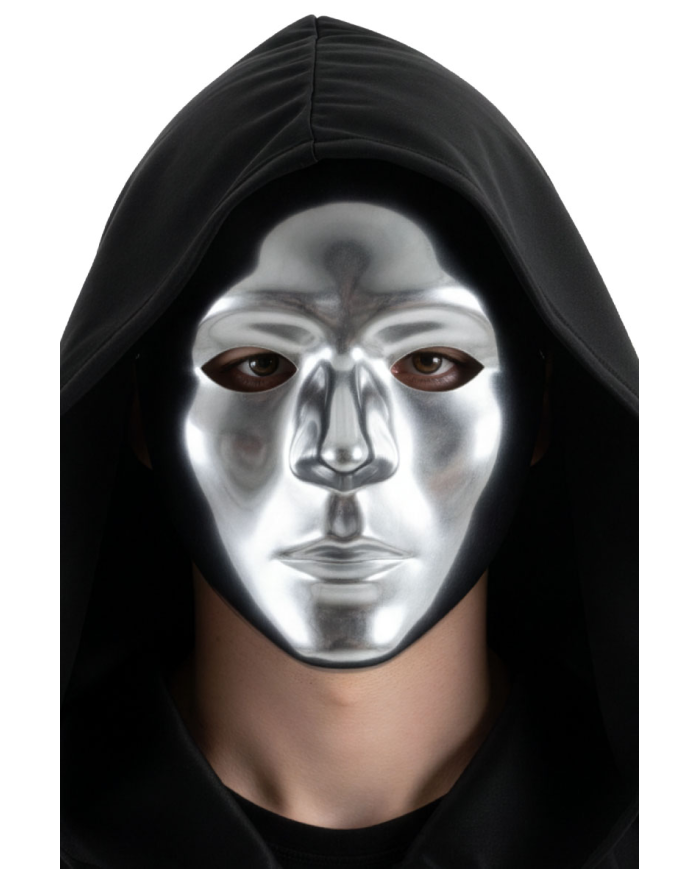 Maschera argento viso intero in plastica con cartellino/etichetta