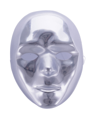 Full face silver mask in plastic with label