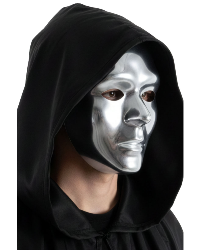 Maschera argento viso intero in plastica con cartellino/etichetta