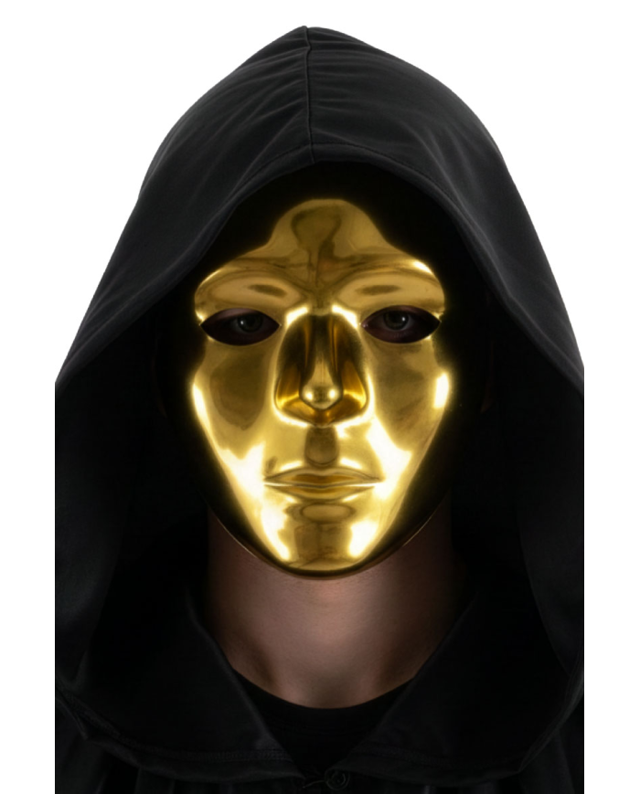 Vollmaske Gesicht goldfarben aus Kunststoff mit Pappschild/Etikett