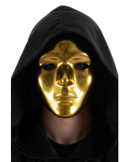 Full face gold mask in plastic with label
