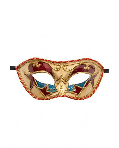 Chinless mask in plastic with embossed decorations, trimmings