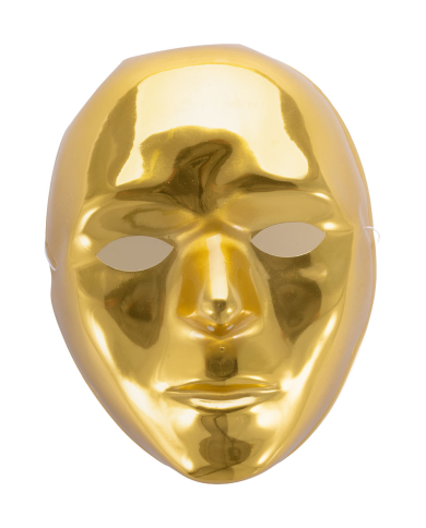 Vollmaske Gesicht goldfarben aus Kunststoff mit Pappschild/Etikett