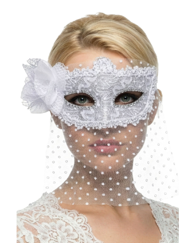 Maschera argento con decorazioni e bautta bianca su cartoncino