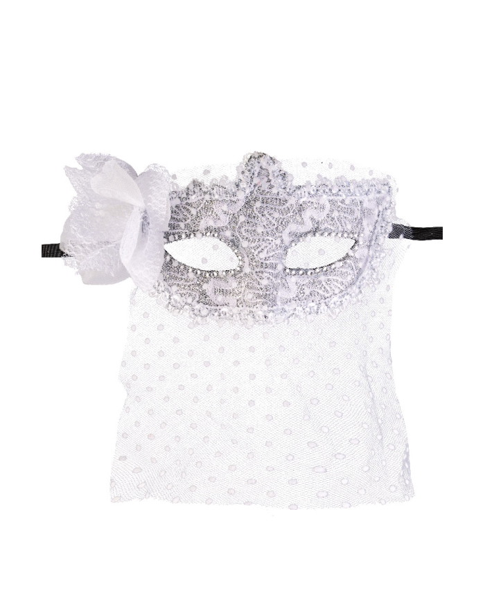 Silver mask with decorations and white bautta on card