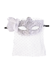 Silver mask with decorations and white bautta on card