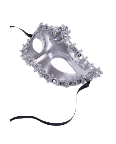 Maschera argento in plastica con decorazioni su cartoncino