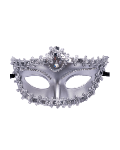 Masque argenté en plastique avec décorations sur papier cartonné