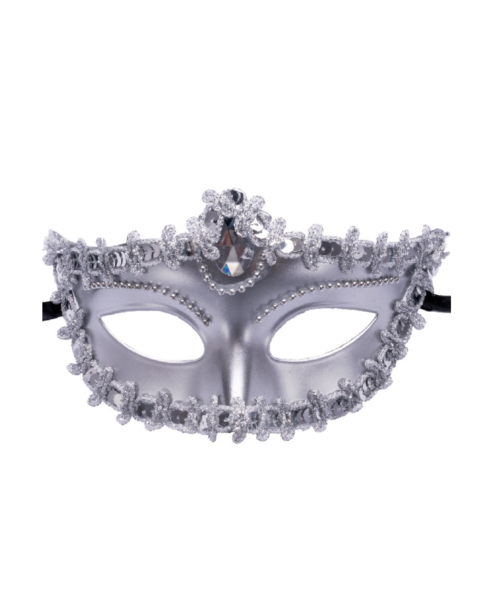 Maschera argento in plastica con decorazioni su cartoncino