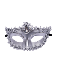Maschera argento in plastica con decorazioni su cartoncino