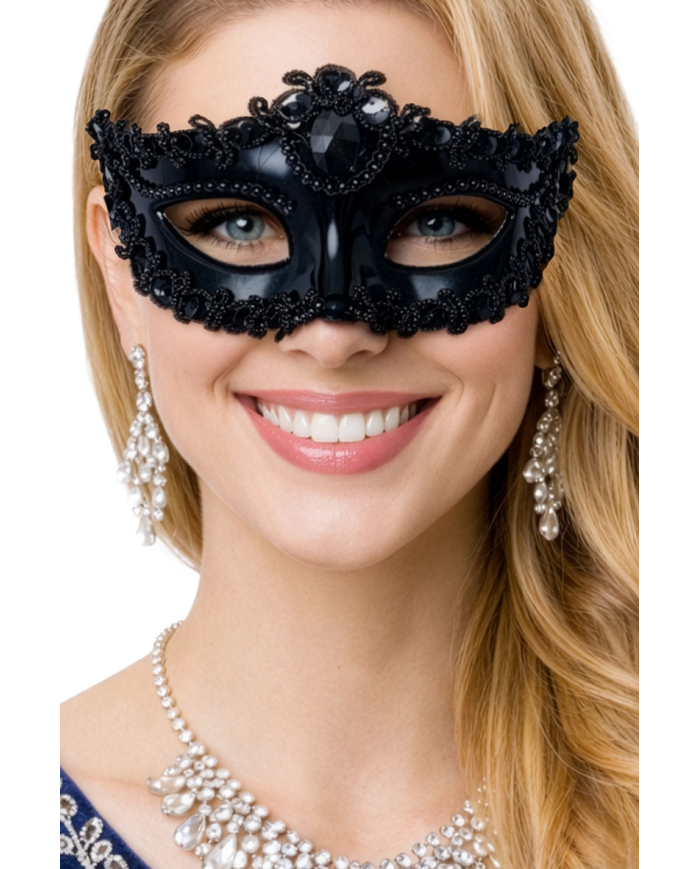 Black mask with decorations on card