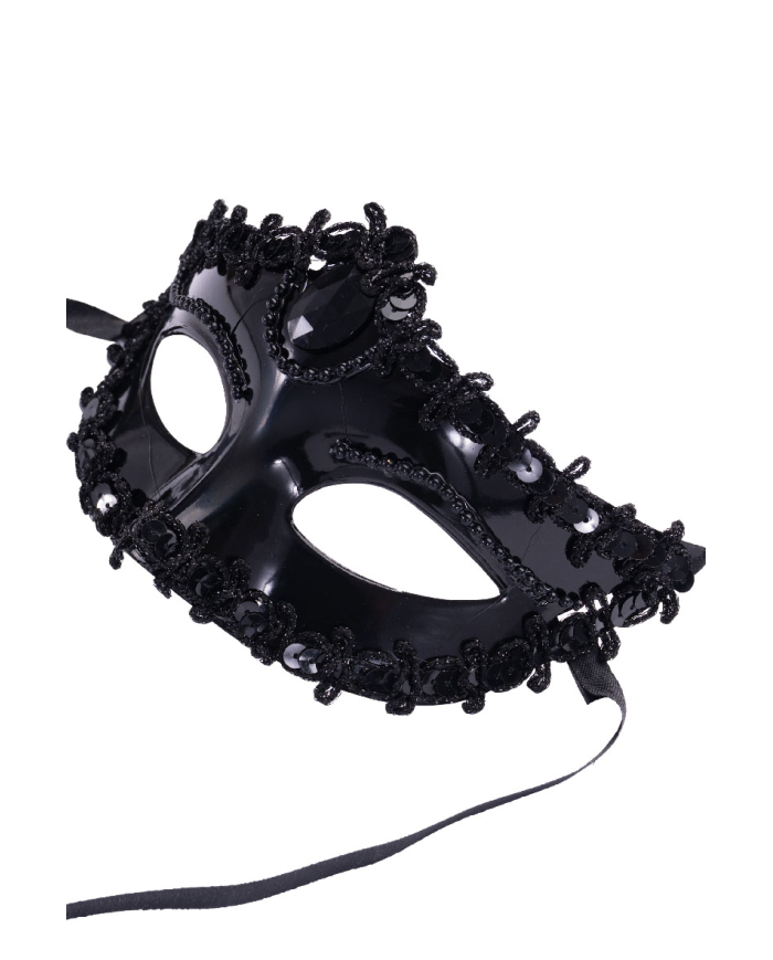 Masque noir en plastique avec décorations sur papier cartonné