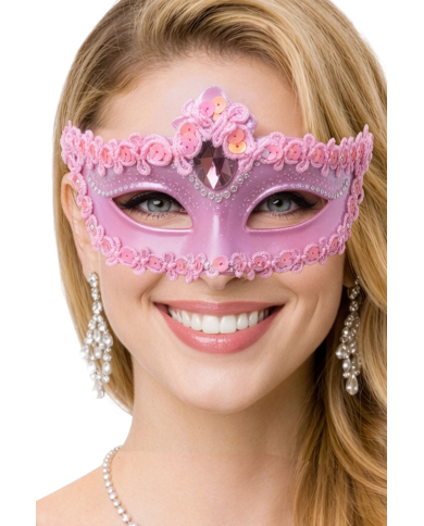 Maschera rosa in plastica con decorazioni su cartoncino