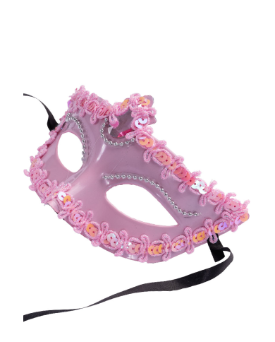 Maschera rosa in plastica con decorazioni su cartoncino