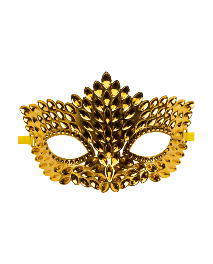 Gold carved mask in plastic on card