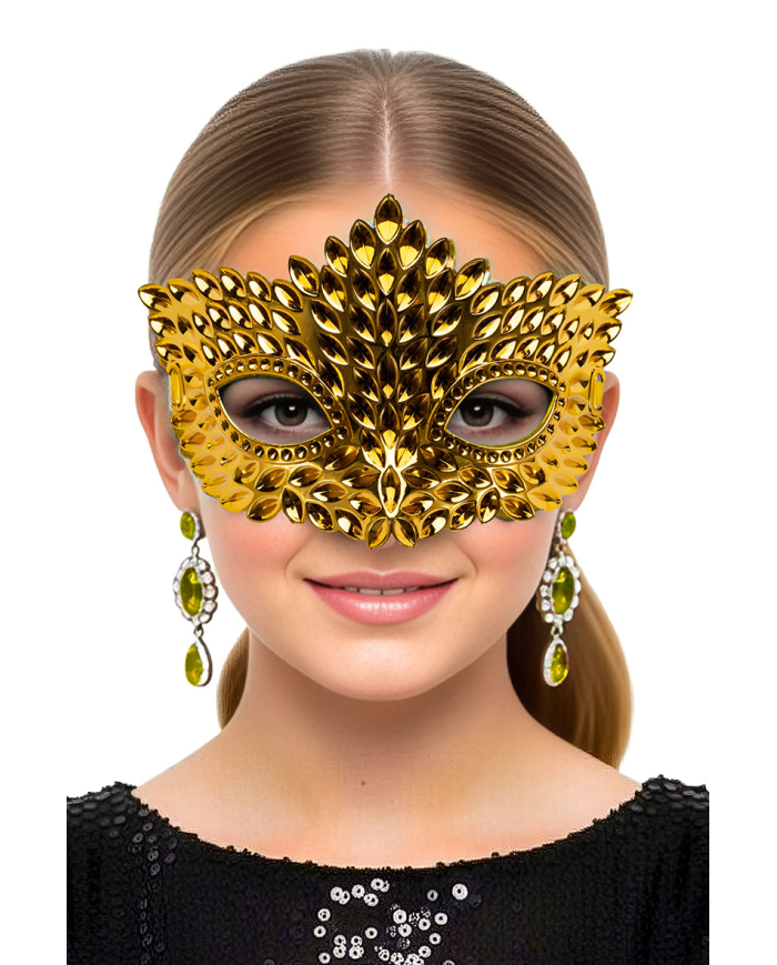Gold carved mask in plastic on card