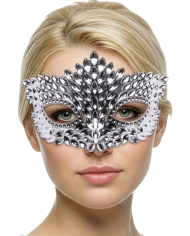 Silver carved mask in plastic on card