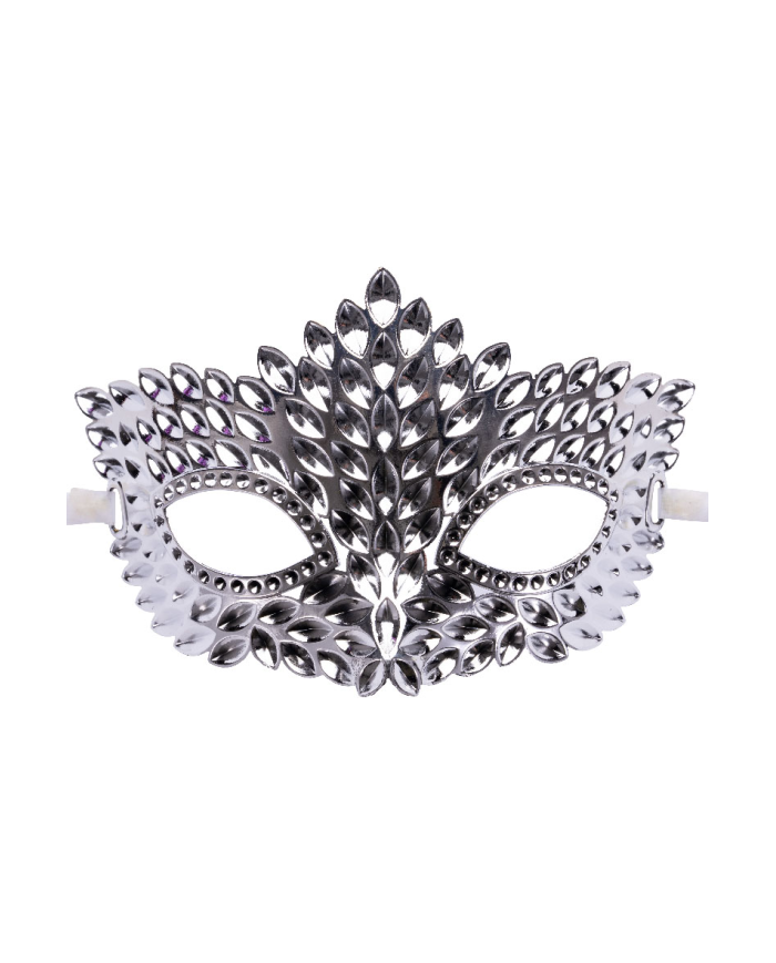 Maschera argento intagliata in plastica su cartoncino