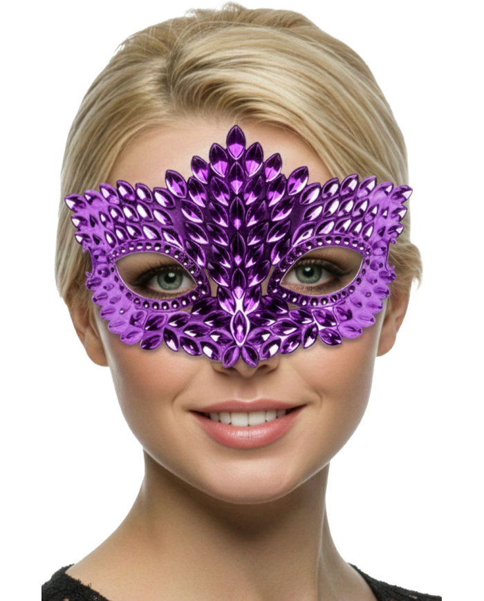 Masque violet sculpté en plastique sur papier cartonné