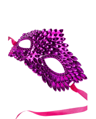 Pink carved mask in plastic on card