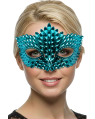 Blue carved mask in plastic on card