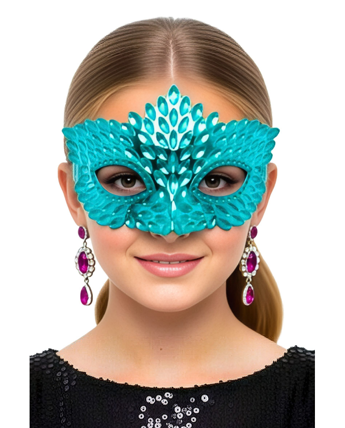 Maschera blu intagliata in plastica su cartoncino