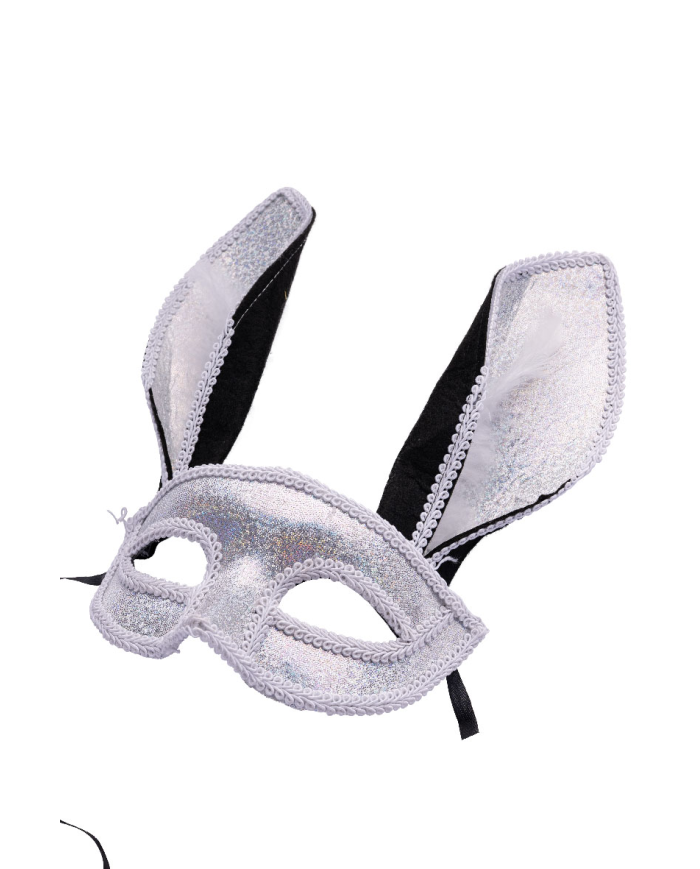 Maschera coniglio argento con piume su cartoncino