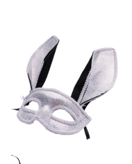 Silver rabbit mask with feathers on card