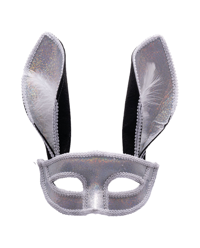 Silver rabbit mask with feathers on card