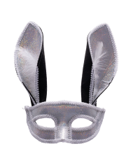 Maschera coniglio argento con piume su cartoncino
