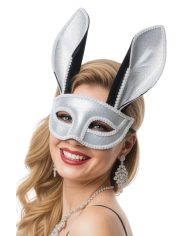 Silver rabbit mask with feathers on card