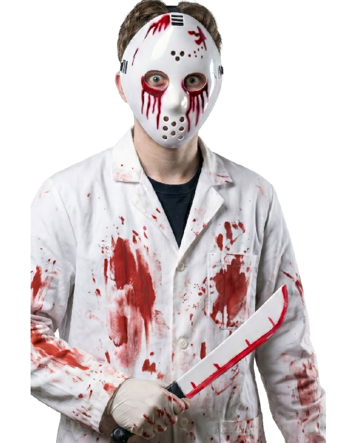 Set blutige Maske und Schlachtmesser aus Kunststoff L. ca. 45 cm auf Pappkarton