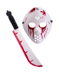 Set blutige Maske und Schlachtmesser aus Kunststoff L. ca. 45 cm auf Pappkarton