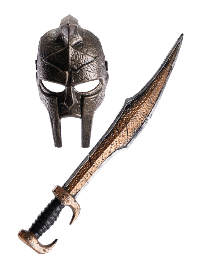 Ensemble masque et épée romain en plastique, longueur 60 cm environ sur papier cartonné