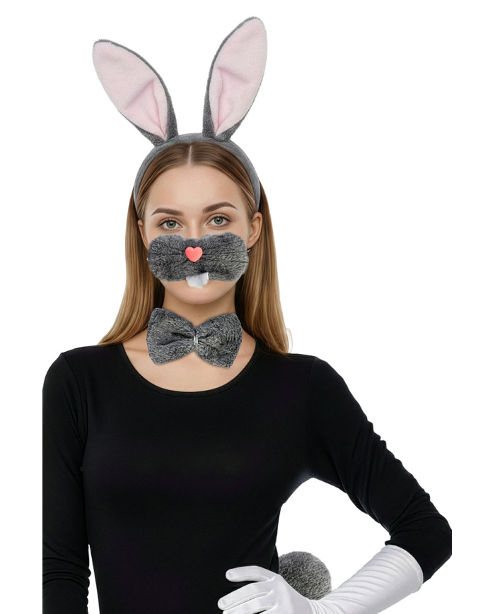 Rabbit plush disguise set (headband, nose, tail, bowtie) on card