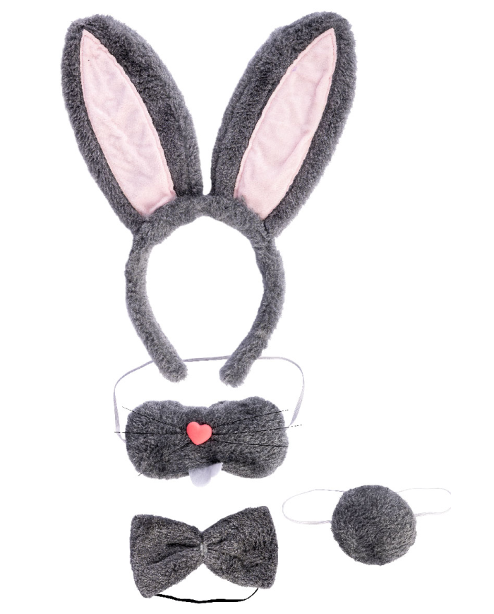 Set coniglietta in peluche (cerchietto, naso, coda, papillon) su cartoncino
