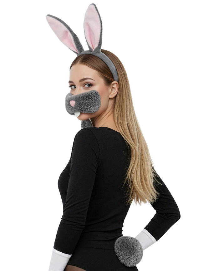 Ensemble déguisement lapine en peluche (serre-tête, nez, queue, nœud papillon) sur papier cartonné