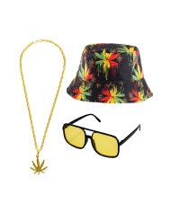 Jamaika-Set (Hut, Brille, Kette) auf Pappkarton