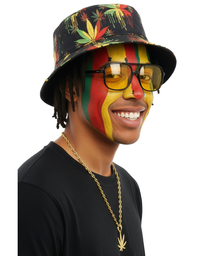 Jamaika-Set (Hut, Brille, Kette) auf Pappkarton